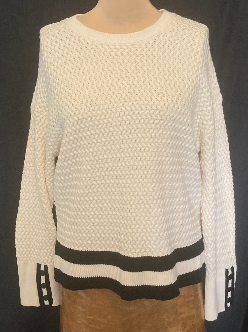 Lou & Grey 100% Cotton Cream Crewneck Sweater with Black Stripe Accents